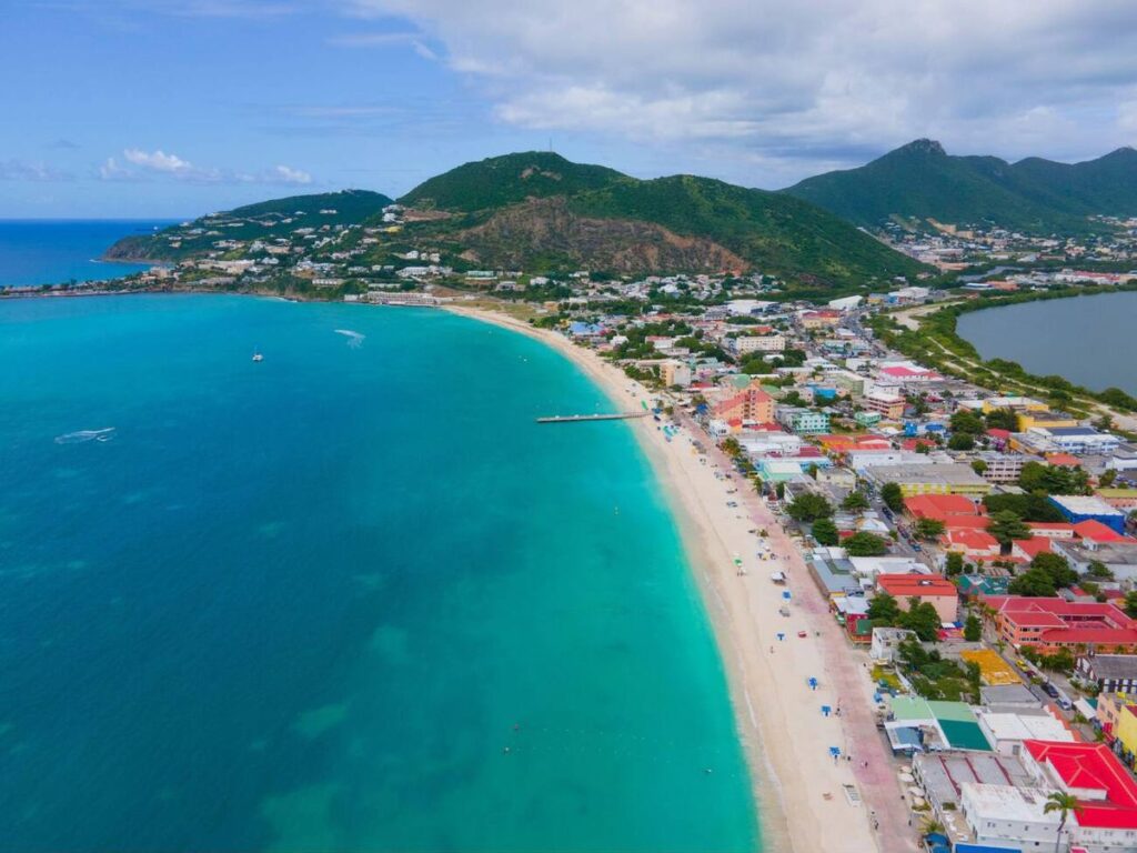 St. Maarten Boardwalk overlooking Great Bay Beach with turquoise water